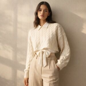 Aritzia Babaton Peggy Cream Cable Knit Cropped Sweater Wool‎ Minimal Size XL